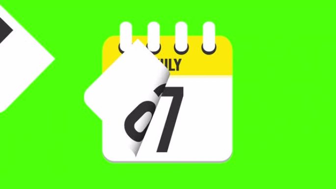 7月8日。日历出现，页面下降到7月8日。绿色背景，色度键 (4k循环)