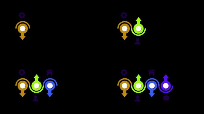 动画彩色5步时间轴信息图隔离在黑色背景上。
