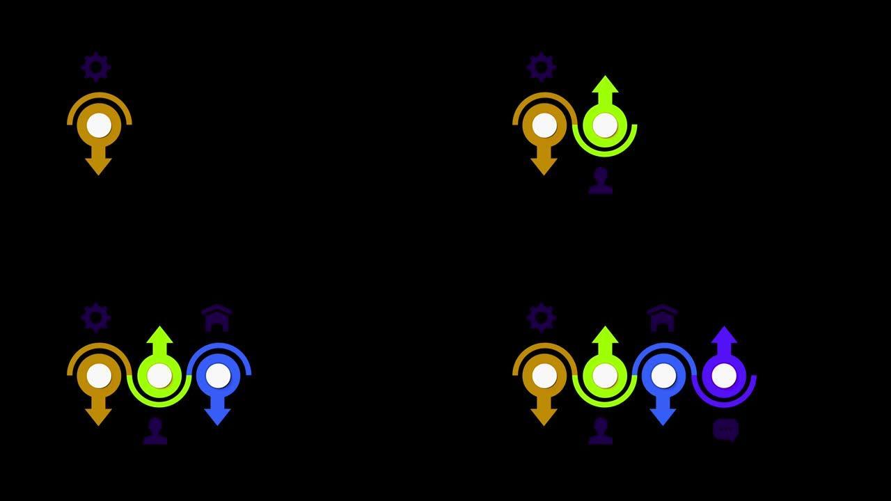 动画彩色5步时间轴信息图隔离在黑色背景上。