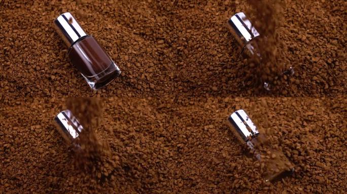 棕色指甲油和速溶咖啡，慢动作