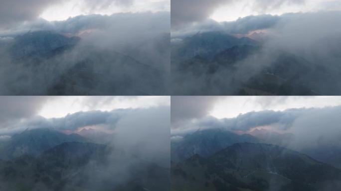 空中无人机在黄昏时拍摄了带有薄雾的山脊线