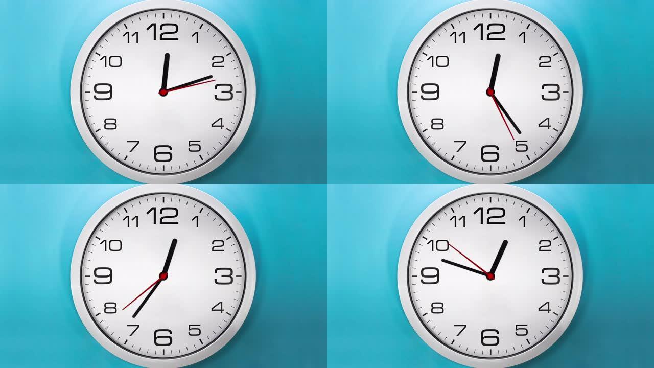 蓝色背景上的延时时钟。一小时时间的加急版本。