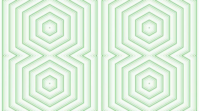 绿色六角星在白色背景上简单的平面几何循环。星光灿烂的六边形无线电波无尽的创意动画。星星无缝运动图形背