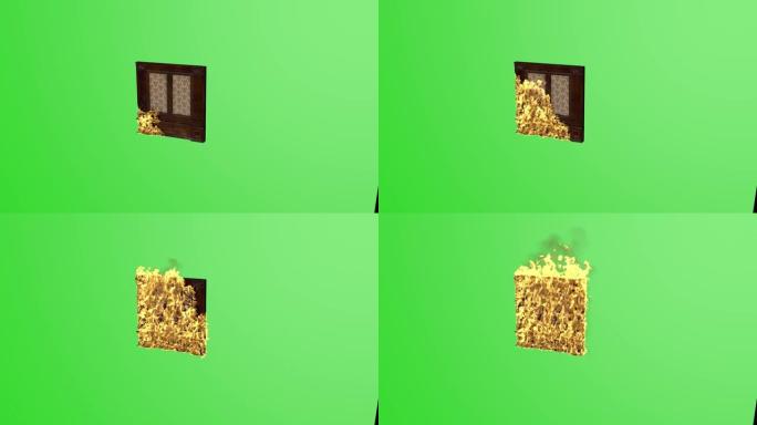 木门在绿色色度背景上燃烧的动画