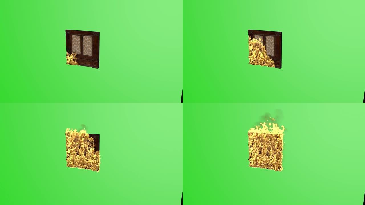 木门在绿色色度背景上燃烧的动画