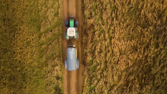 带拖车的拖拉机，用于在棕色肥沃的土壤上涂抹有机液体肥料，以提高乡村道路行驶的生产率