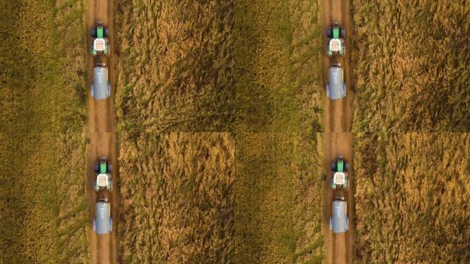 带拖车的拖拉机，用于在棕色肥沃的土壤上涂抹有机液体肥料，以提高乡村道路行驶的生产率