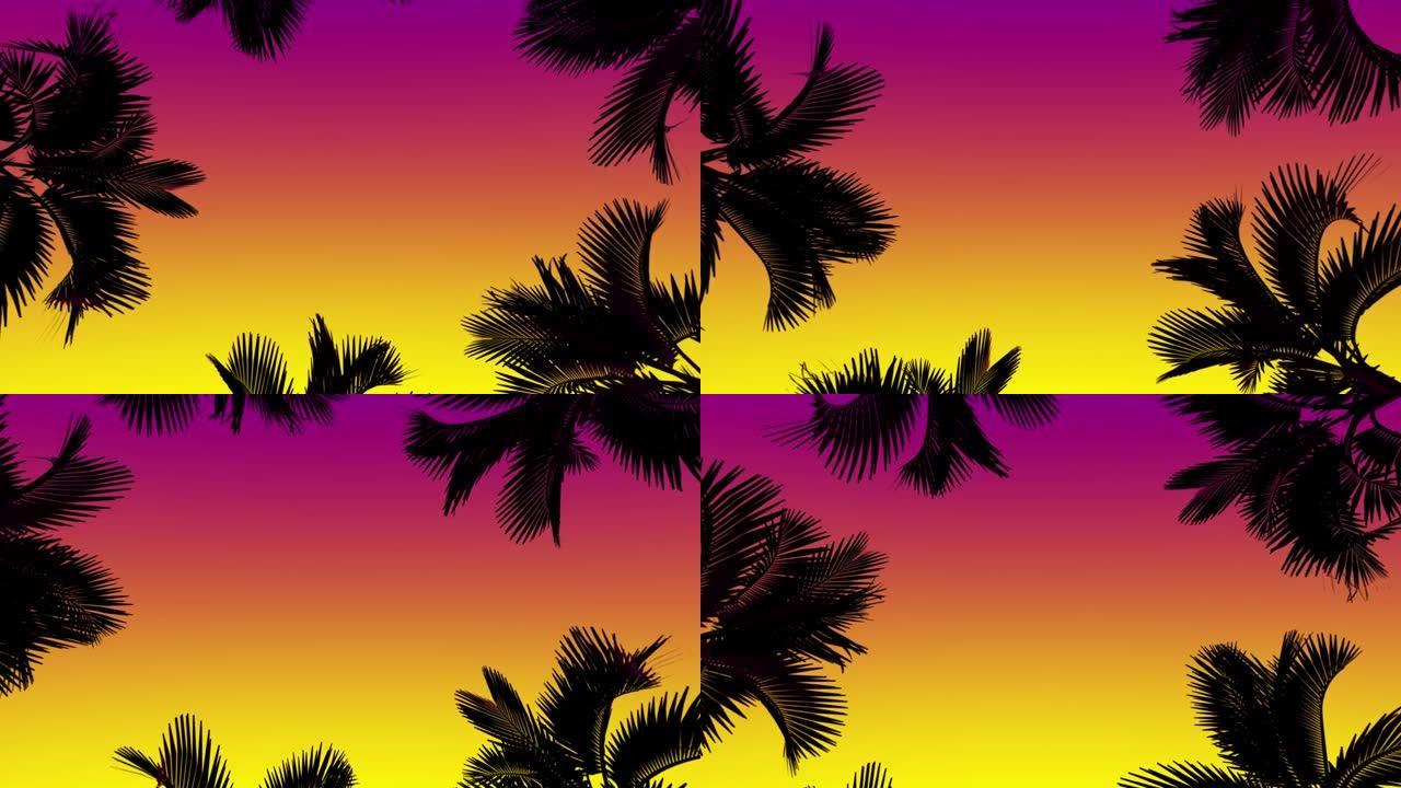 仰望天空，旋转的棕榈树环绕着复古充满活力的黄粉色天空背景，复古日落，复古风格，80年代和90年代风格
