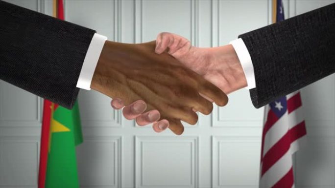 布基纳法索与美国合作商业协议。国家政府旗帜。官方外交握手说明动画。协议商人握手