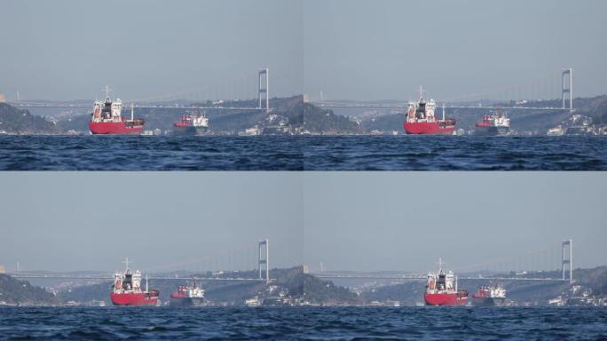 在博斯普鲁斯海峡伊斯坦布尔运送货物的集装箱船