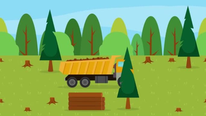 黄色卡车在森林中移动时装载木材