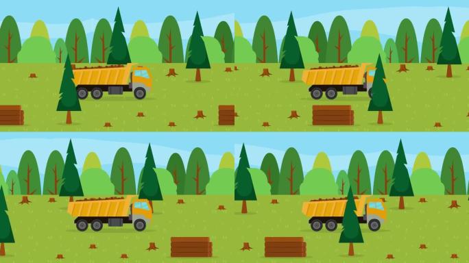 黄色卡车在森林中移动时装载木材