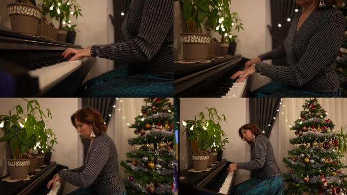 开朗的女人在家里装饰好的圣诞树的背景下弹钢琴