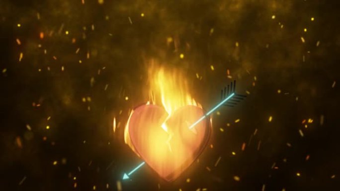 摘要炽热的爱心在火焰中燃烧，丘比特之箭在火花的背景下刺穿。视频4k，运动设计