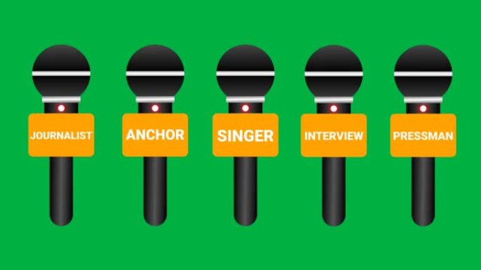 记者，主播，歌手，采访和新闻发言人改变了在绿色屏幕上孤立的迈克动画。广播相关概念。