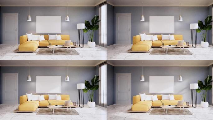 薄荷墙设计室，带装饰、灯、植物、地毯、沙发。3d渲染