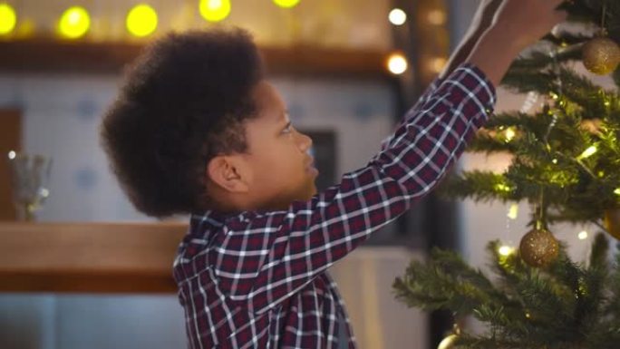 可爱的非裔美国男孩在圣诞节前在家装饰树的肖像