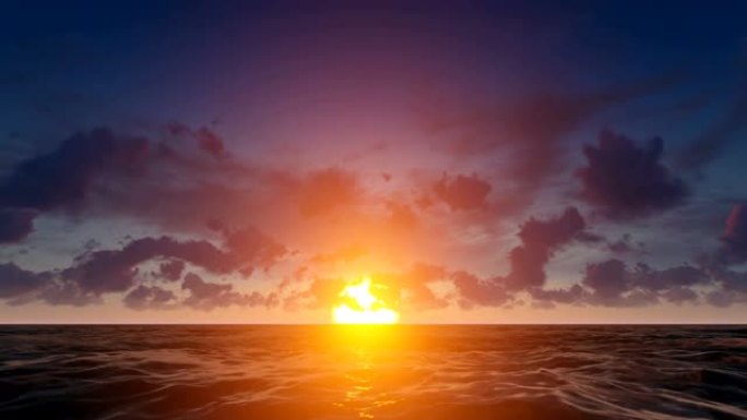 橙色日落傍晚平静的海洋表面云雾天空。宁静的场景阳光反射