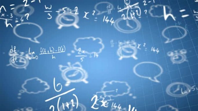 蓝色背景上的学校图标上的数学方程式动画