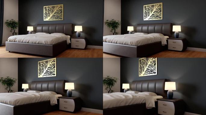 打开床头灯和床边装饰的3D渲染视频。