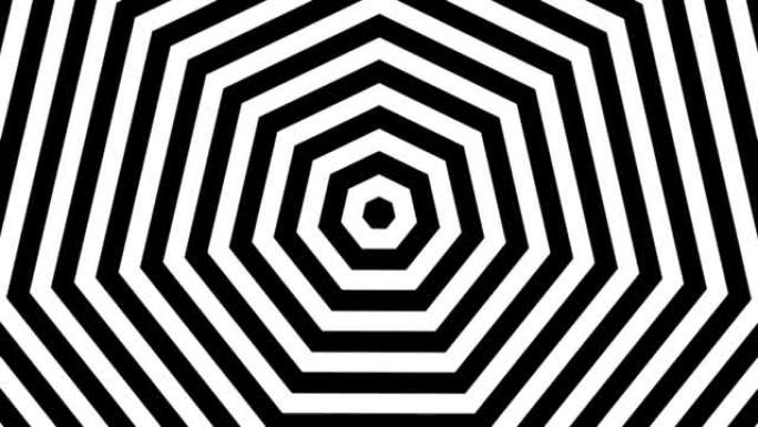 脉冲条纹中心七边形最小黑白背景循环。催眠七边形浓缩无缝背景。引人注目的明亮的创意设计。