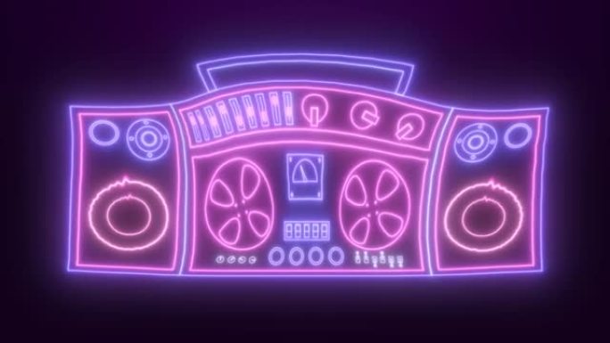霓虹灯复古录音机，用于听歌旧复古潮人发光蓝紫色。视频4k，运动设计