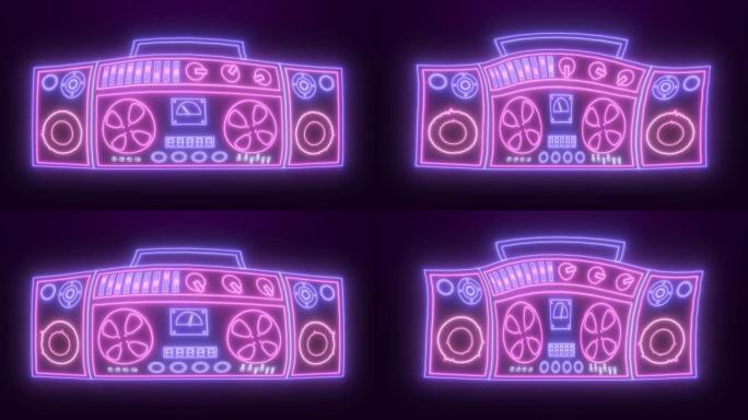 霓虹灯复古录音机，用于听歌旧复古潮人发光蓝紫色。视频4k，运动设计