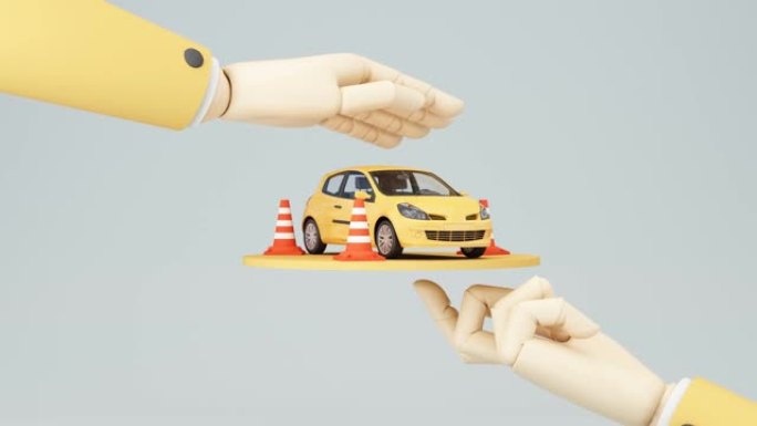 汽车保护和安全保证概念，汽车保险网页横幅设计。黄色的汽车在黄色背景上带有交通锥和业务手的伞下。卡通动