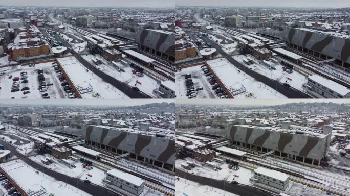 雪覆盖的景观和城市景观的高角度视图，