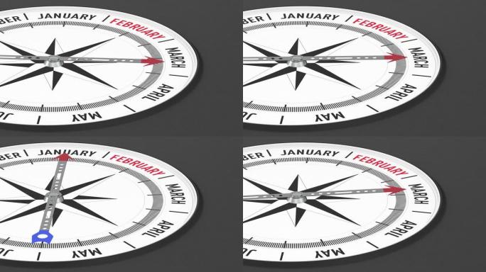 黑色背景上的日历和指南针。3D插图