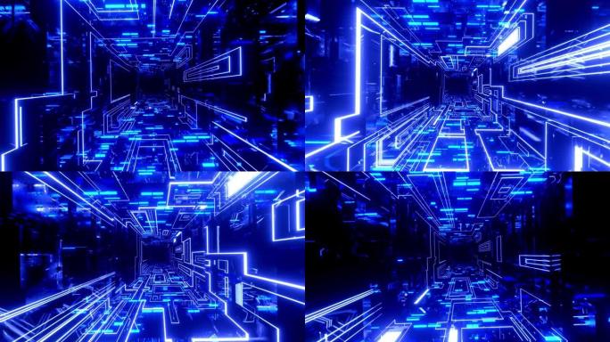 高科技霓虹灯科幻tunel。科幻霓虹全息图。时尚的霓虹灯辉光线在镜面隧道中形成图案和结构。飞越技术网