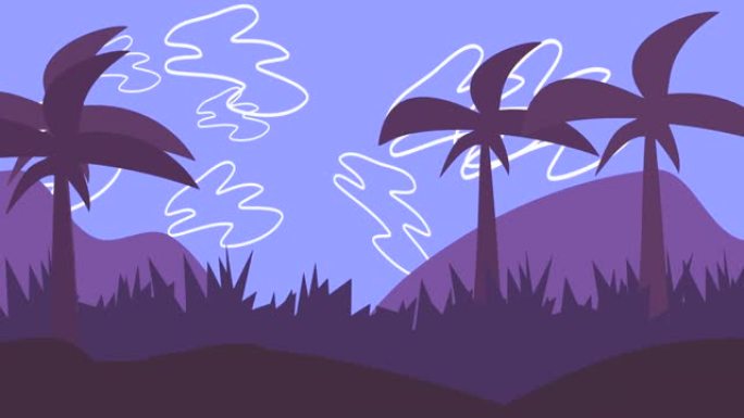 夏日日落紫色景观，云雾和棕榈树
