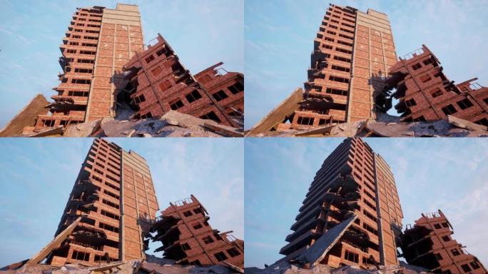 多个红砖公寓楼被炸毁，并因空袭和爆炸而变成废墟。