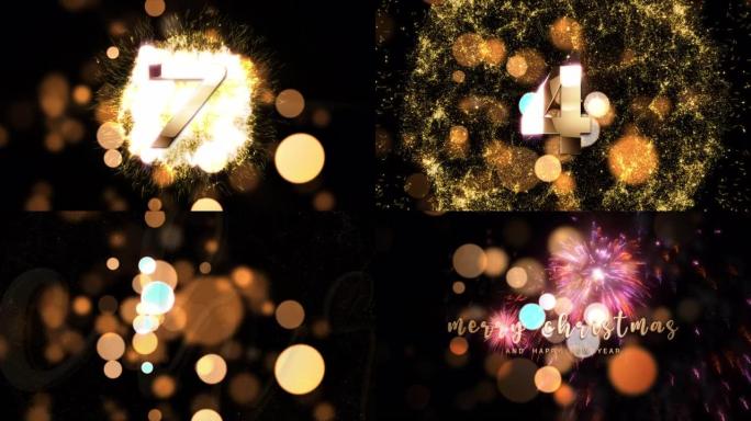 黄金文字倒计时从10到圣诞快乐和新年快乐与黄金bokeh电影标题抽象背景