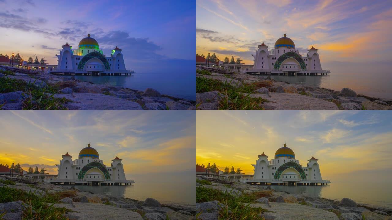 日落时分壮丽的马六甲海峡清真寺。