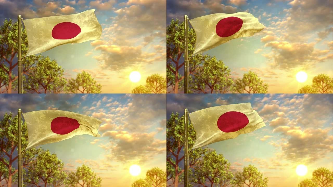在国歌日日落时挥舞日本国旗