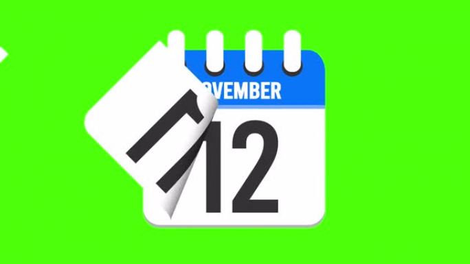 11月20日。日历出现，页面下降到11月20日。绿色背景，色度键 (4k循环)