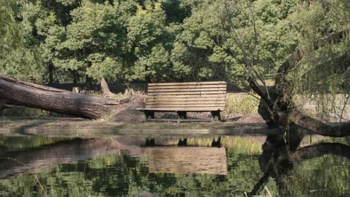 美丽的秋季风景4k慢动作镜头，木凳和色彩缤纷的森林，在宁静的湖中倒影，如晴天的绘画，循环视频。