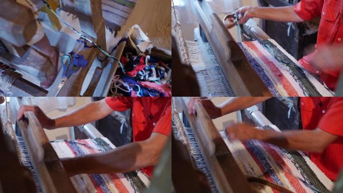 旧织布机的细节工作并制作破布门垫的女人13