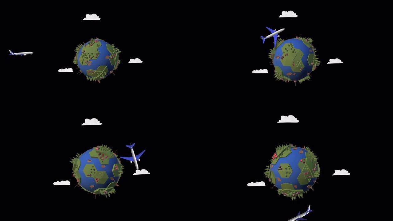 3D动画使用alpha频道环游世界。行星地球概念通过平面抽象动画旅行。