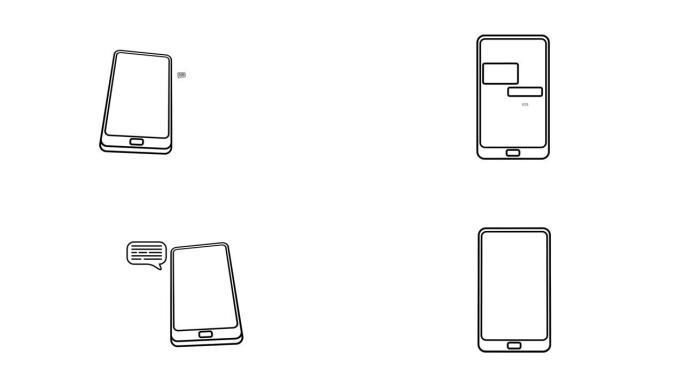 动画现代智能手机图标发送和接收短信，用户聊天。黑白循环视频隔离在白色背景