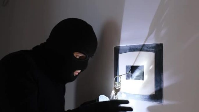 一个戴着黑色面具的人闯入银行保险库并打开保险箱。强盗从保险箱里偷钱。