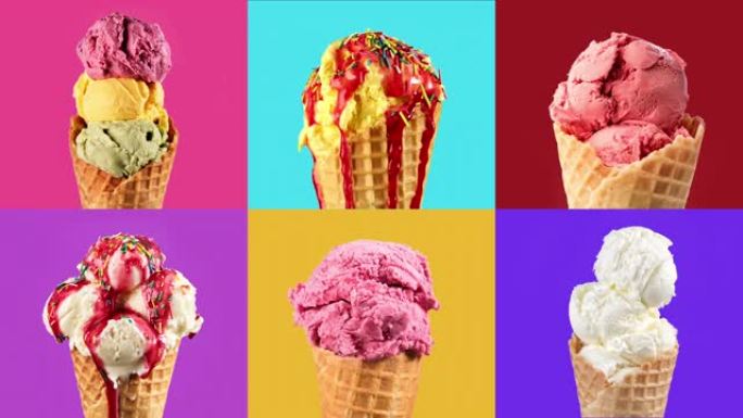各种颜色的冰淇淋在五颜六色的背景下变化。食品概念