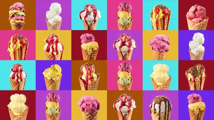 各种颜色的冰淇淋在五颜六色的背景下变化。食品概念