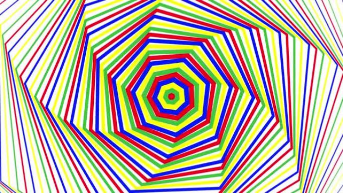 白色背景循环上的彩色粗体自旋七边形简单平面几何。彩色七边形旋转无线电波无尽的创意动画。旋转多色无缝运