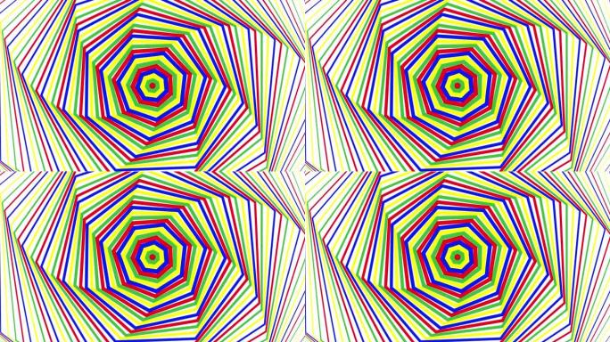 白色背景循环上的彩色粗体自旋七边形简单平面几何。彩色七边形旋转无线电波无尽的创意动画。旋转多色无缝运