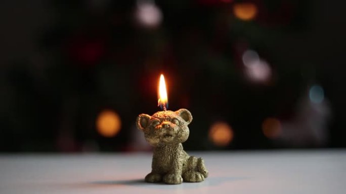 在闪烁的圣诞节花环的背景下燃烧着老虎的蜡烛雕像。