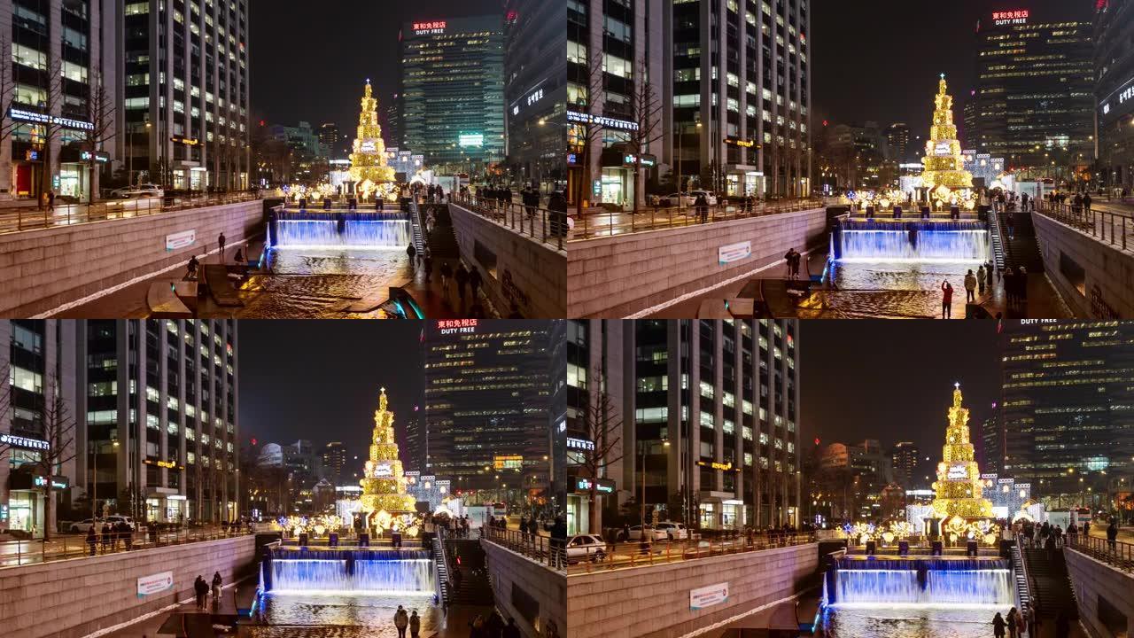 韩国首尔市的清溪川流带有圣诞灯