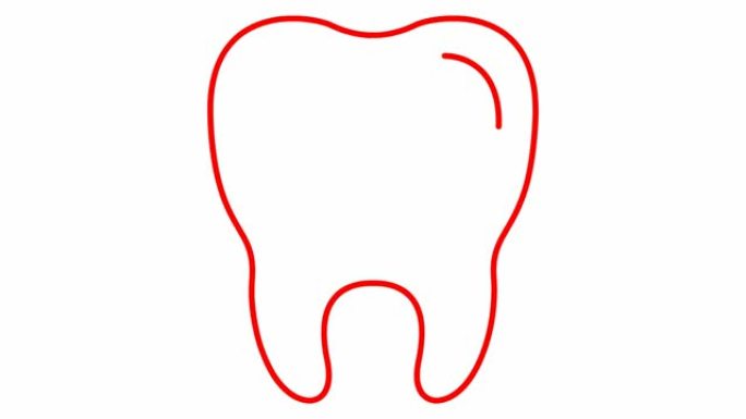 动画牙齿符号是逐渐绘制的。透明牙齿的线性红色图标。牙科概念。循环视频。矢量插图孤立在白色背景上。