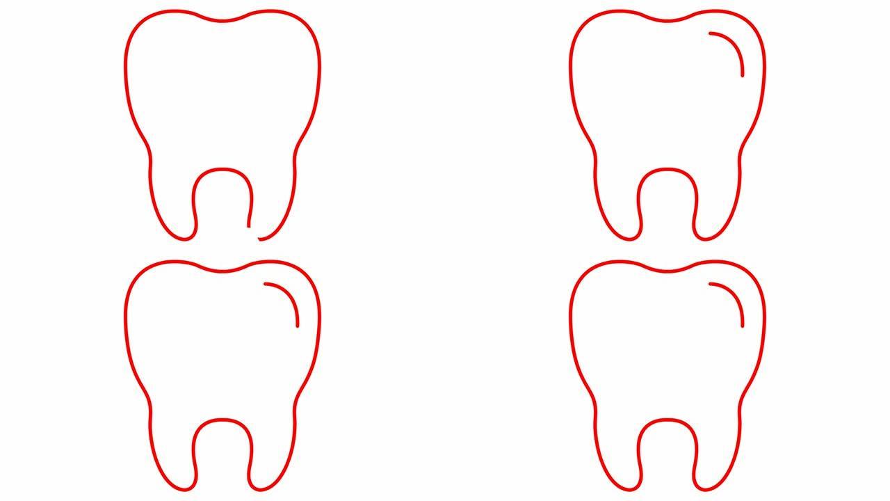 动画牙齿符号是逐渐绘制的。透明牙齿的线性红色图标。牙科概念。循环视频。矢量插图孤立在白色背景上。